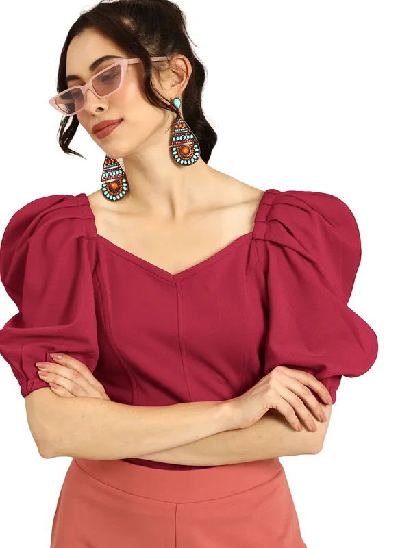 Women_Solid_Maroon_Fabric_Blend_V-Neck_Regular_Polyester_Top