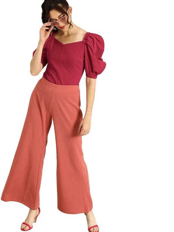 Women_Solid_Maroon_Fabric_Blend_V-Neck_Regular_Polyester_Top