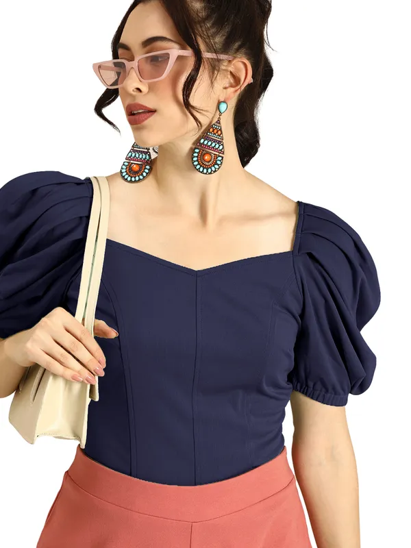 Women_Solid_Blue_Fabric_Blend_V-Neck_Regular_Polyester_Top