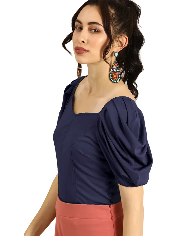 Women_Solid_Blue_Fabric_Blend_V-Neck_Regular_Polyester_Top