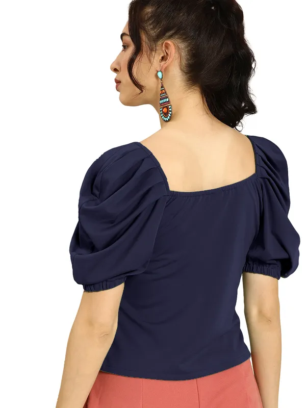 Women_Solid_Blue_Fabric_Blend_V-Neck_Regular_Polyester_Top