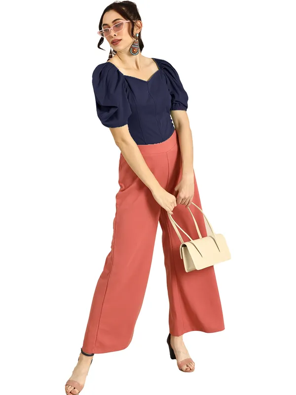 Women_Solid_Blue_Fabric_Blend_V-Neck_Regular_Polyester_Top