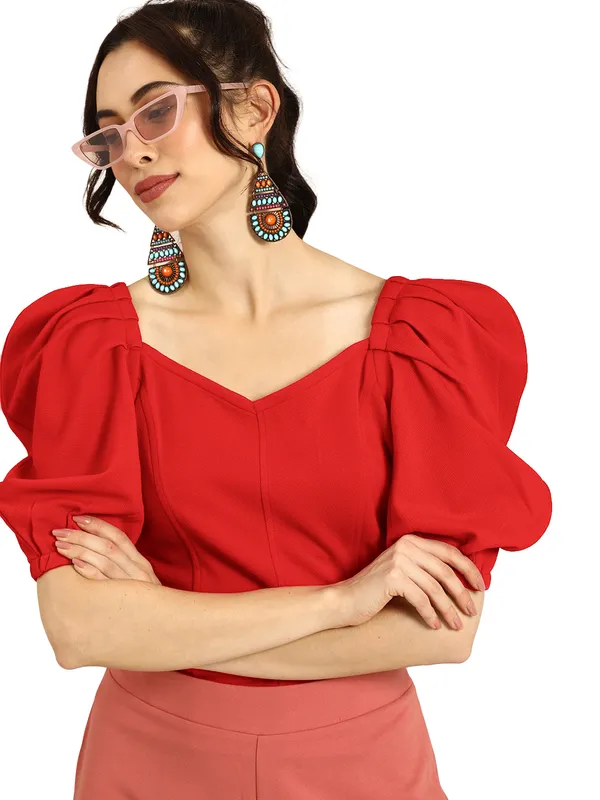 Women_Solid_Red_Fabric_Blend_V-Neck_Polyester_Top