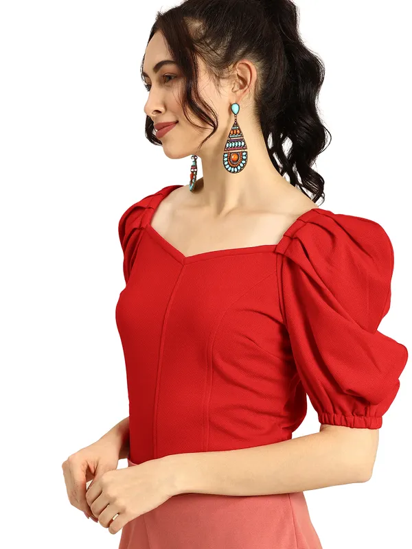 Women_Solid_Red_Fabric_Blend_V-Neck_Polyester_Top