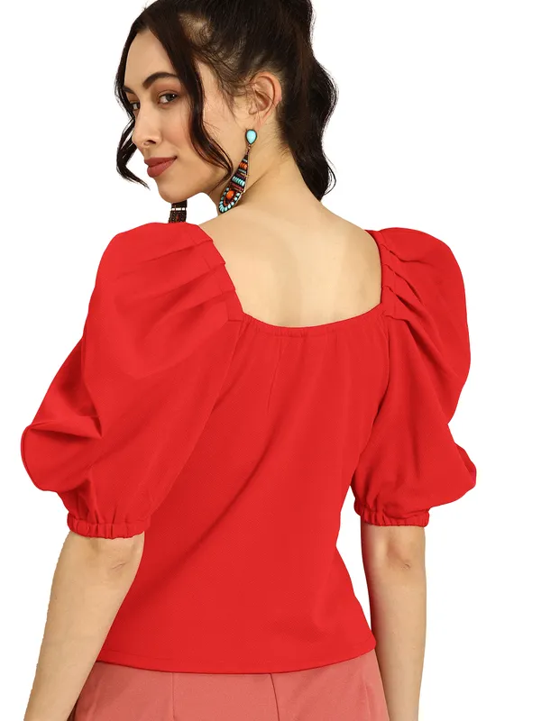 Women_Solid_Red_Fabric_Blend_V-Neck_Polyester_Top