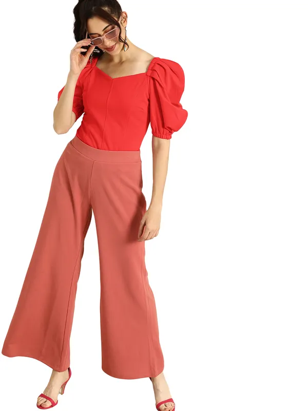 Women_Solid_Red_Fabric_Blend_V-Neck_Polyester_Top