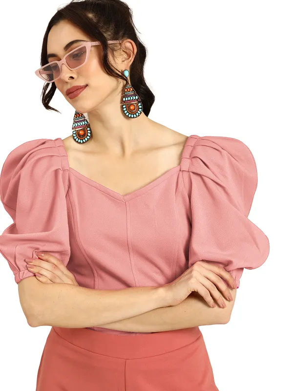 Women_Solid_Pink_Fabric_Blend_V-Neck_Regular_Polyester_Top