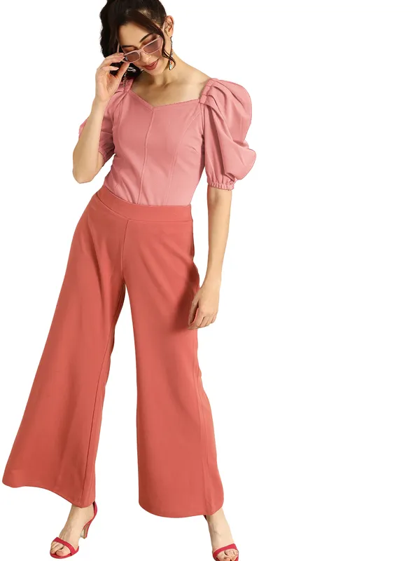 Women_Solid_Pink_Fabric_Blend_V-Neck_Regular_Polyester_Top