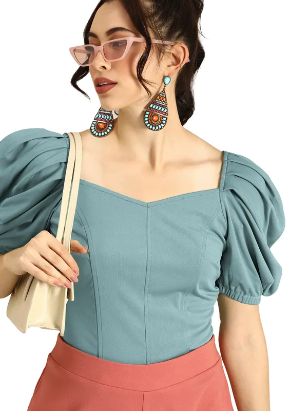 Women_Solid_Sea_Green_Fabric_Blend_V-Neck_Regular_Polyester_Top