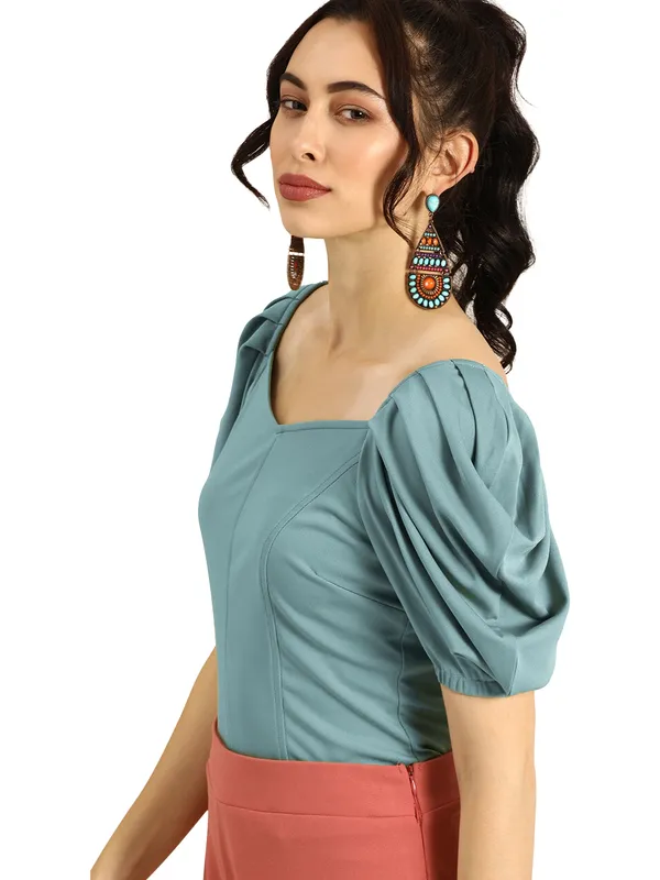 Women_Solid_Sea_Green_Fabric_Blend_V-Neck_Regular_Polyester_Top