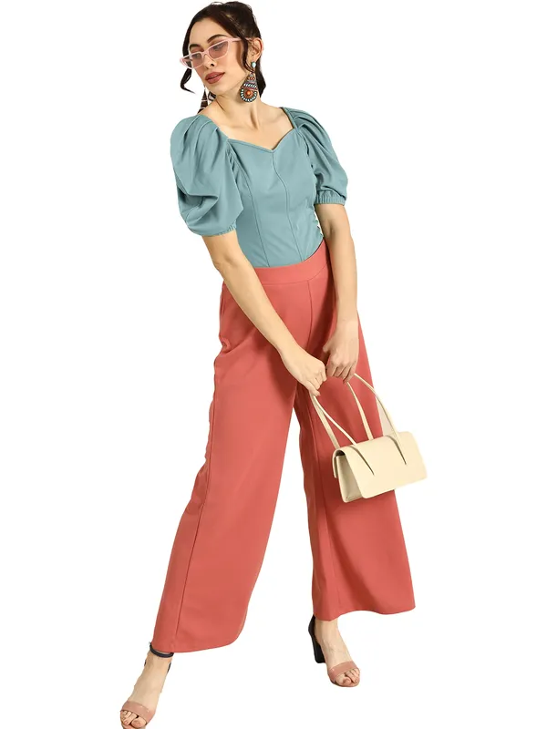 Women_Solid_Sea_Green_Fabric_Blend_V-Neck_Regular_Polyester_Top