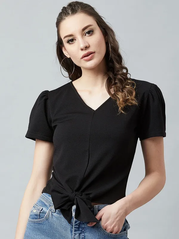 Casual_Puff_Sleeves_Solid_Women_Polyester_Black_Top