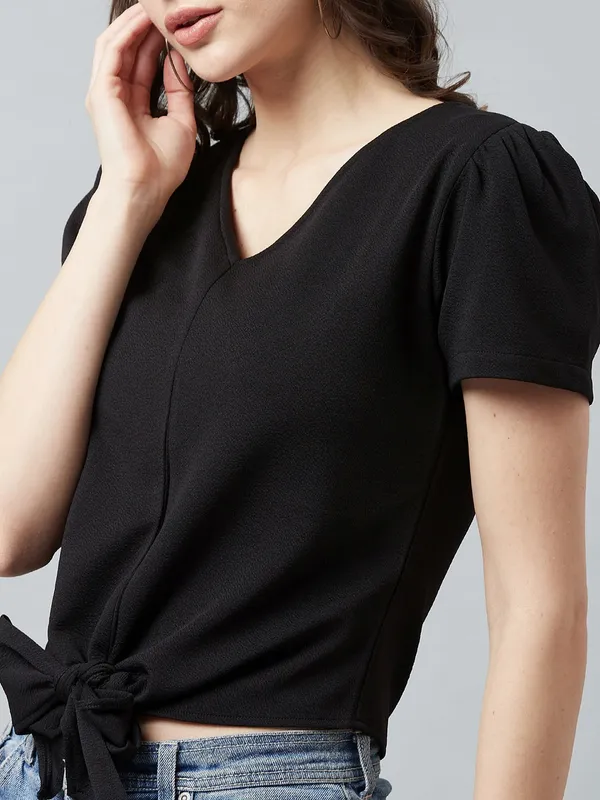 Casual_Puff_Sleeves_Solid_Women_Polyester_Black_Top