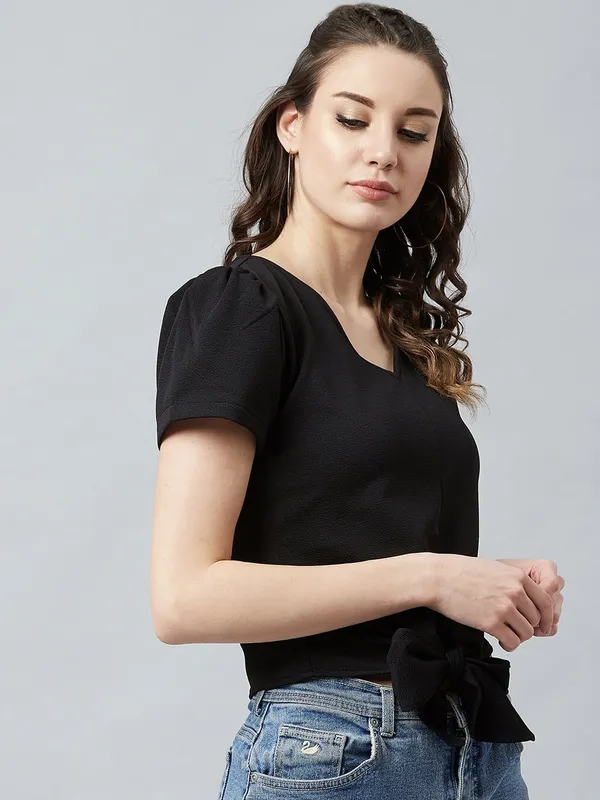 Casual_Puff_Sleeves_Solid_Women_Polyester_Black_Top