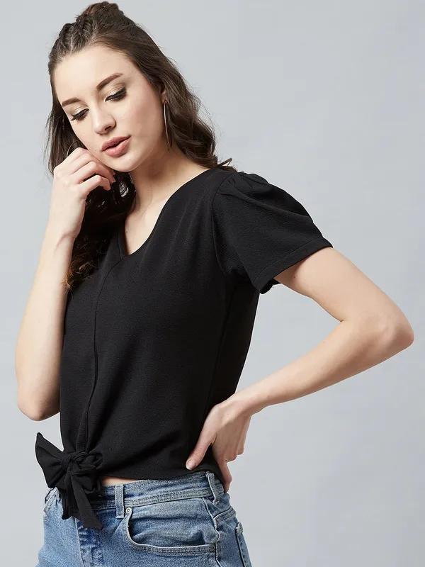 Casual_Puff_Sleeves_Solid_Women_Polyester_Black_Top