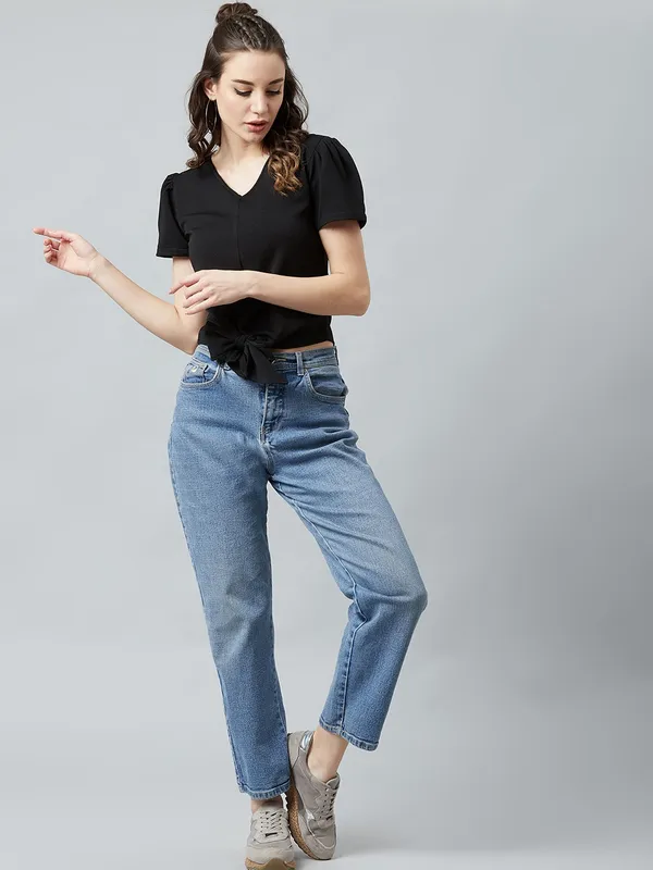 Casual_Puff_Sleeves_Solid_Women_Polyester_Black_Top