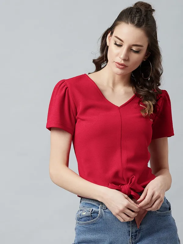 Casual_Puff_Sleeves_Polyester_Solid_Women_Maroon_Top