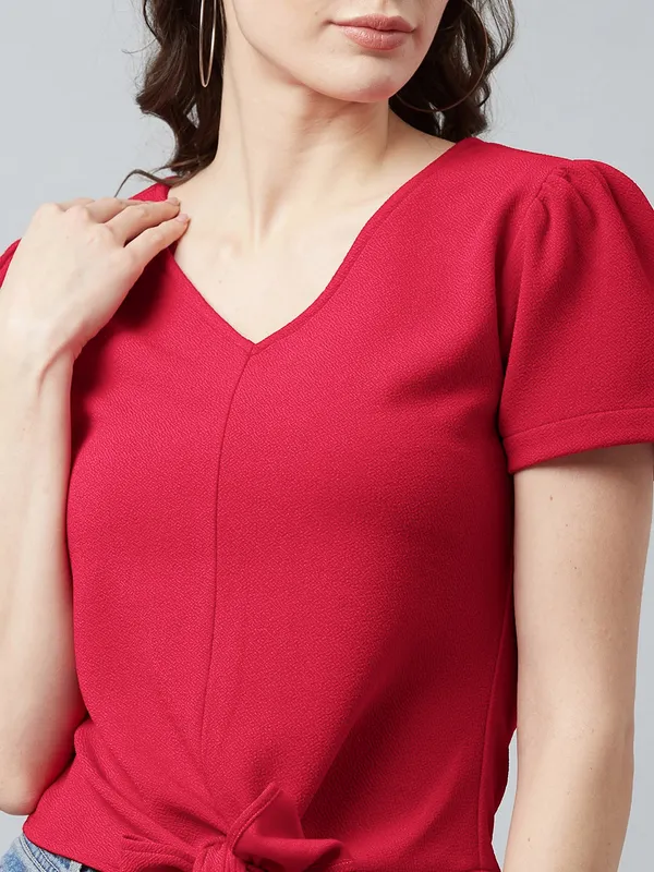 Casual_Puff_Sleeves_Polyester_Solid_Women_Maroon_Top