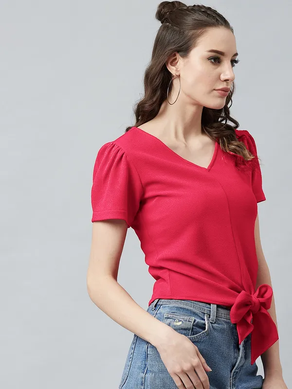 Casual_Puff_Sleeves_Polyester_Solid_Women_Maroon_Top