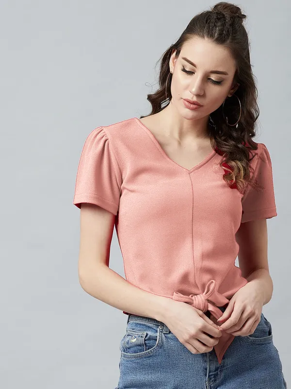 Casual_Puff_Sleeves_Solid_Women_Polyester_Peach_Top