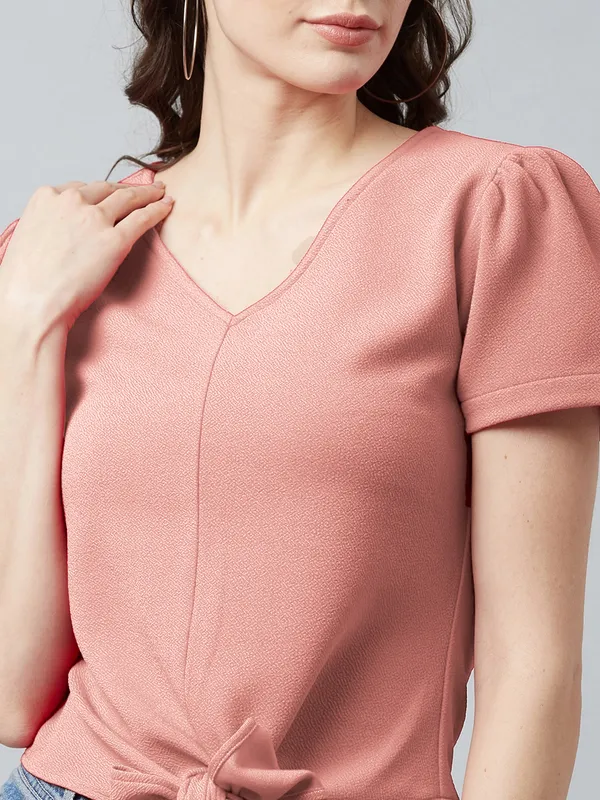 Casual_Puff_Sleeves_Solid_Women_Polyester_Peach_Top