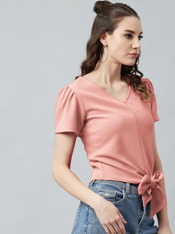 Casual_Puff_Sleeves_Solid_Women_Polyester_Peach_Top