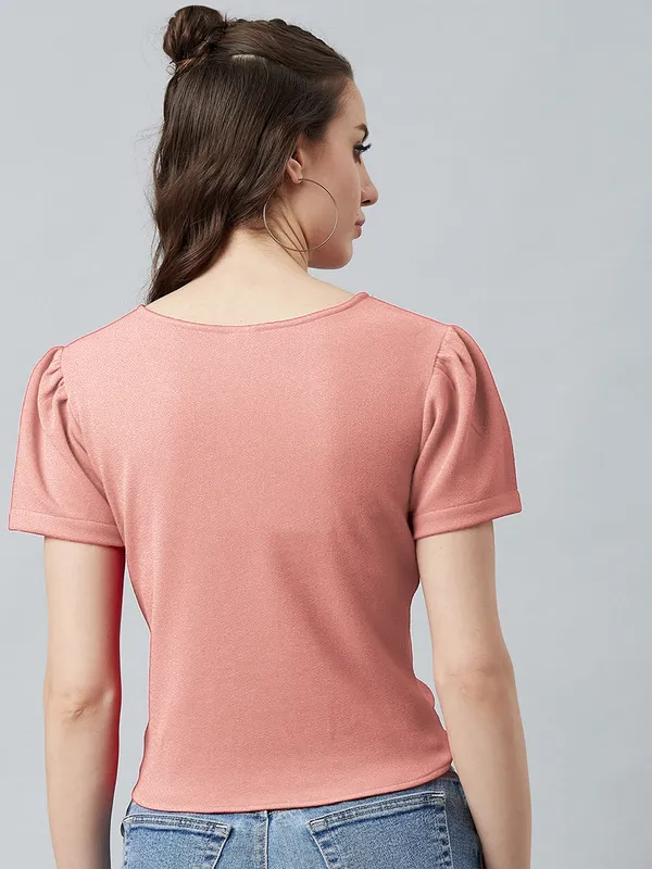 Casual_Puff_Sleeves_Solid_Women_Polyester_Peach_Top