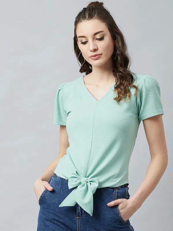 Women's_Half_Frill_Sleeve_V_Neck_Bottom_Knot_Polyester_Top_|_Party_Beach_|_Formal_|_Meeting_|_Office_wear