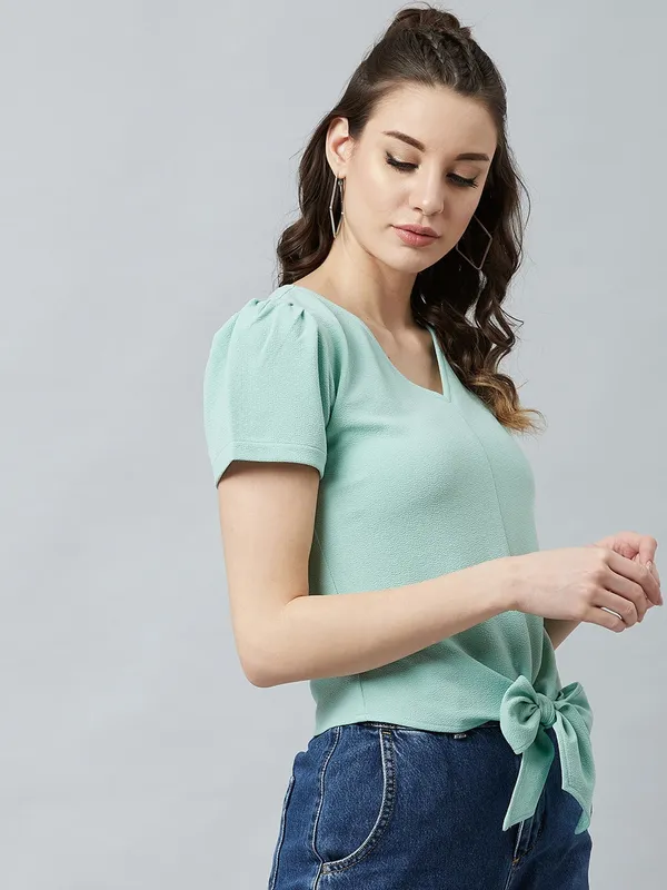 Women's_Half_Frill_Sleeve_V_Neck_Bottom_Knot_Polyester_Top_|_Party_Beach_|_Formal_|_Meeting_|_Office_wear