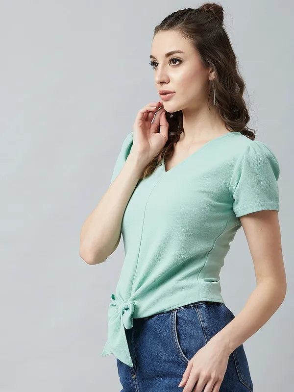 Women's_Half_Frill_Sleeve_V_Neck_Bottom_Knot_Polyester_Top_|_Party_Beach_|_Formal_|_Meeting_|_Office_wear