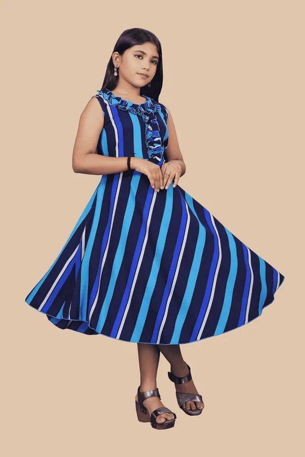 Girls_Blue_Striped_Crepe_Print_Round_Neck_Knee_Length_Dress