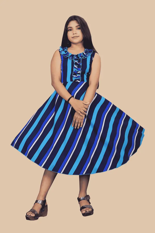 Girls_Blue_Striped_Crepe_Print_Round_Neck_Knee_Length_Dress