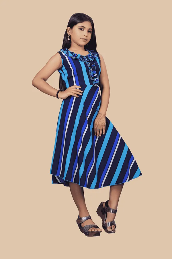 Girls_Blue_Striped_Crepe_Print_Round_Neck_Knee_Length_Dress