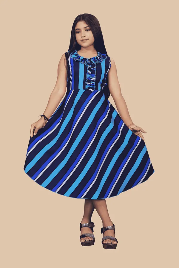 Girls_Blue_Striped_Crepe_Print_Round_Neck_Knee_Length_Dress