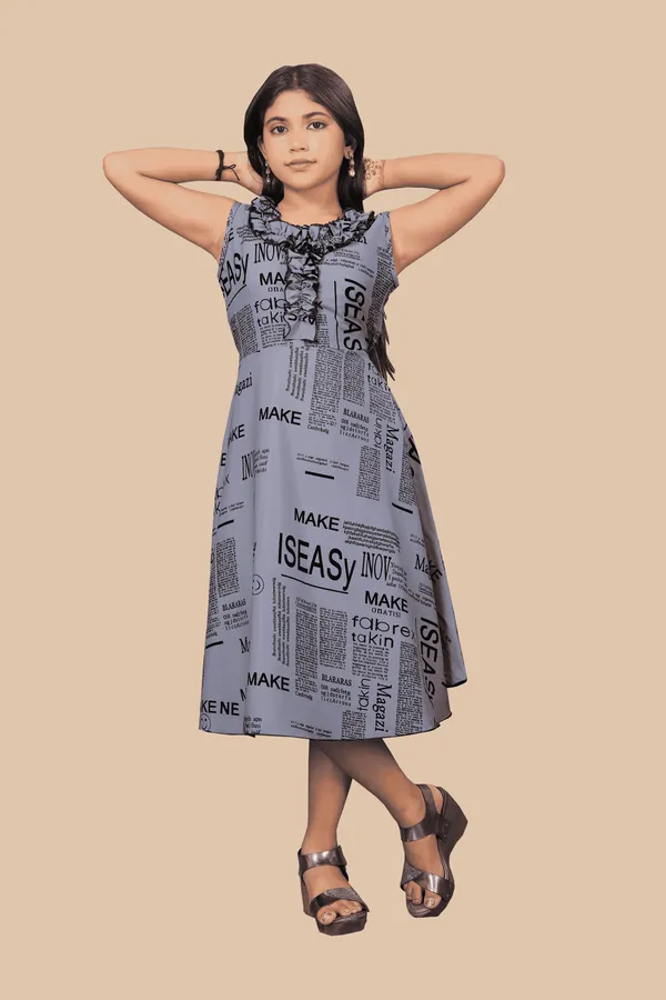Girls_Dark_Grey_&_Black_Text_Paper_Crepe_Print_Round_Neck_Knee_Length_Dress