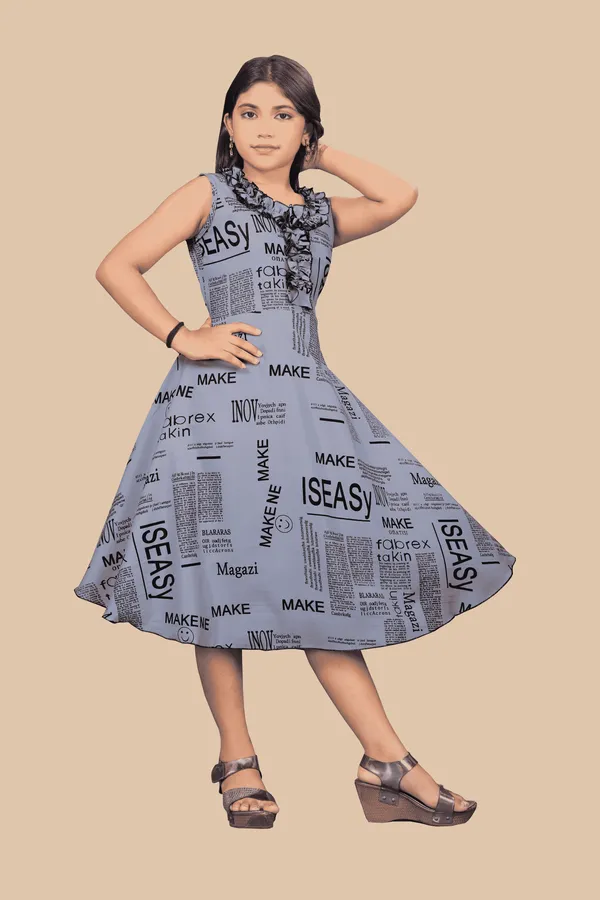 Girls_Dark_Grey_&_Black_Text_Paper_Crepe_Print_Round_Neck_Knee_Length_Dress