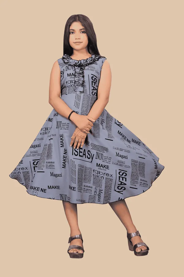 Girls_Dark_Grey_&_Black_Text_Paper_Crepe_Print_Round_Neck_Knee_Length_Dress