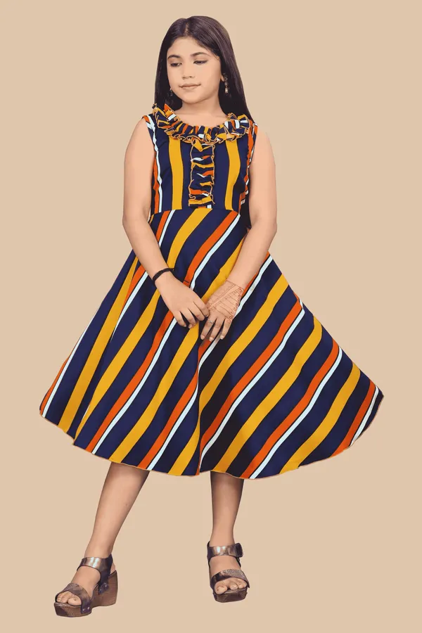 Girls_Navy_Blue_&_Yellow_Candy_Striped_Crepe_Print_Round_Neck_Knee_Length_Dress