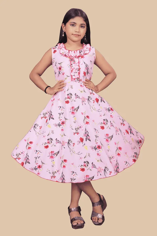 Girls_Pink_&_Red_Floral_Crepe_Print_Round_Neck_Knee_Length_Dress