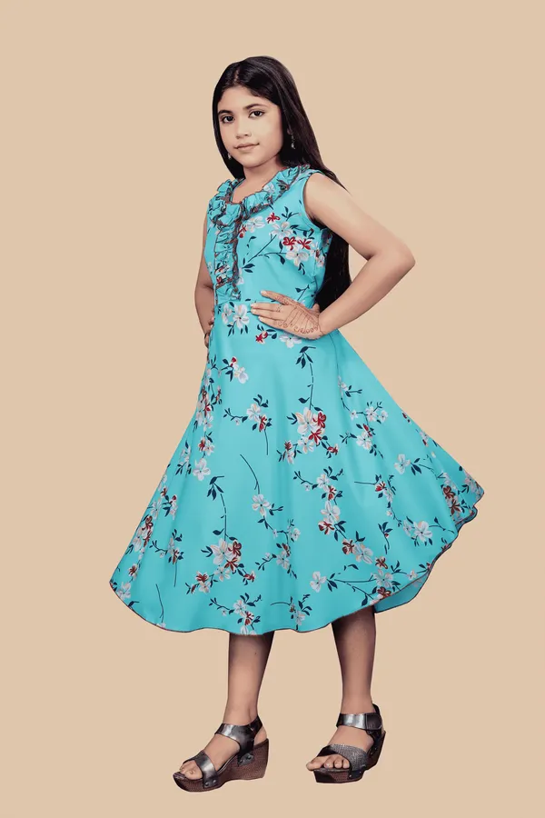 Girls_Sea_Green_&_White_Floral_Crepe_Print_Round_Neck_Knee_Length_Dress