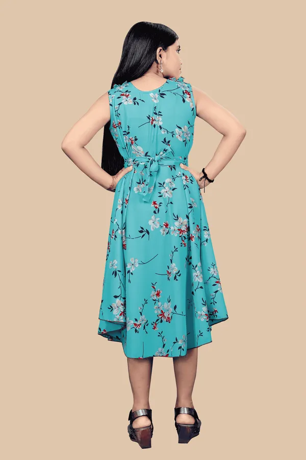 Girls_Sea_Green_&_White_Floral_Crepe_Print_Round_Neck_Knee_Length_Dress