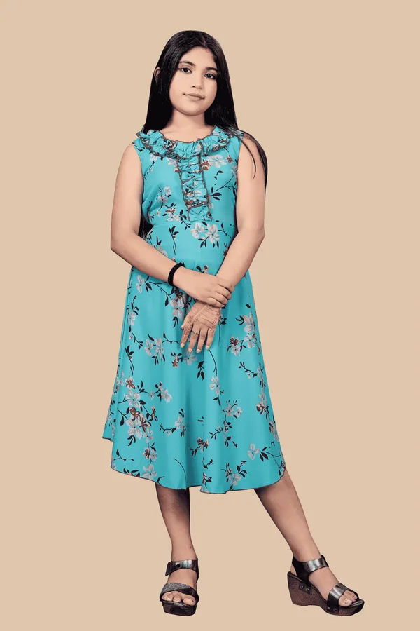 Girls_Sea_Green_&_White_Floral_Crepe_Print_Round_Neck_Knee_Length_Dress