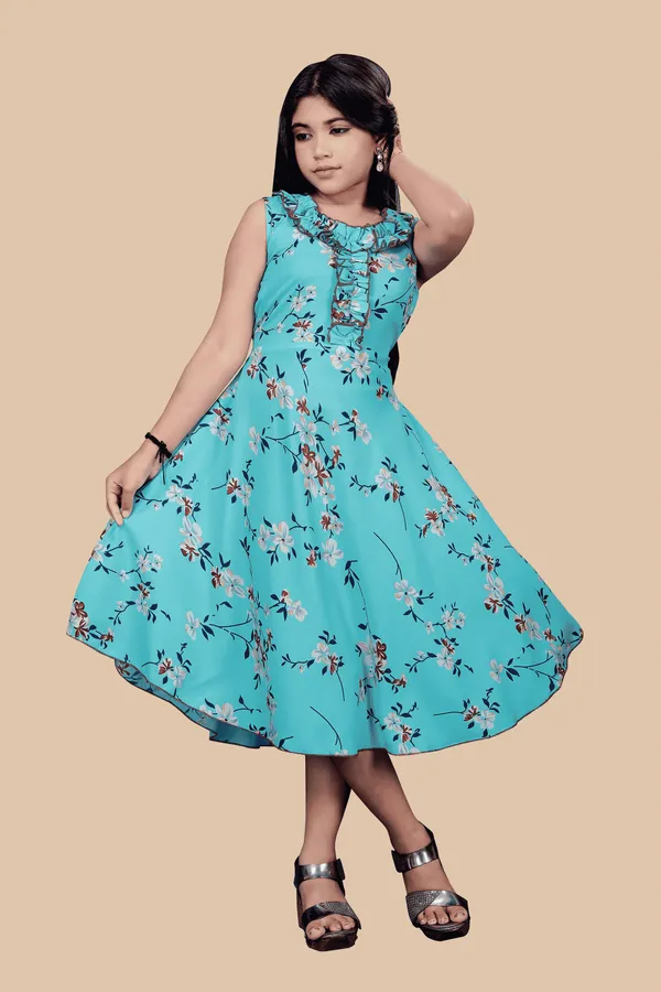 Girls_Sea_Green_&_White_Floral_Crepe_Print_Round_Neck_Knee_Length_Dress