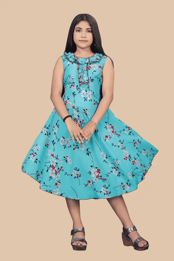 Girls_Sea_Green_&_White_Floral_Crepe_Print_Round_Neck_Knee_Length_Dress