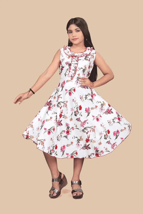 Girls_White_&_Red_Floral_Crepe_Print_Round_Neck_Knee_Length_Dress