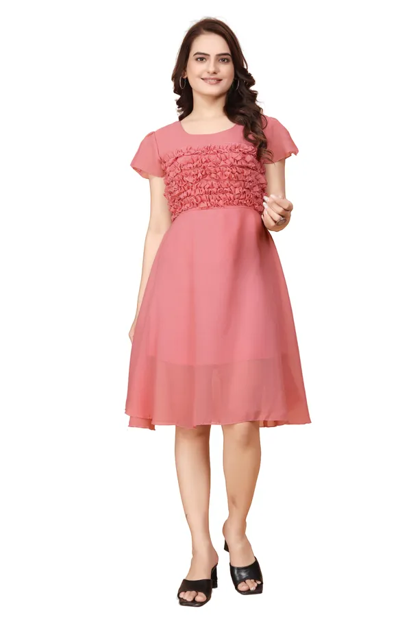 Women_Peach_Solid_Knee_Length,_Fit_And_Flare_&_A-line_Georgette_Dress