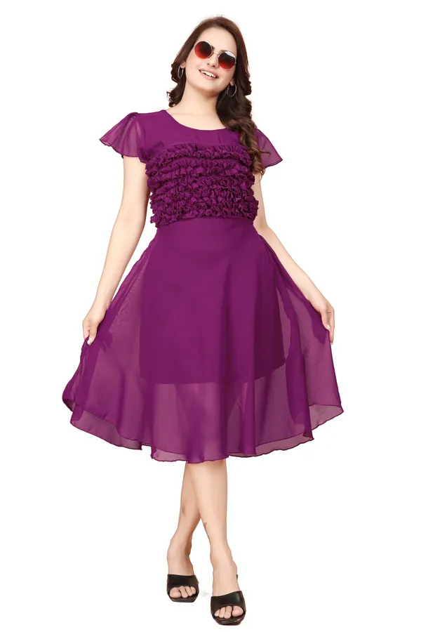 Women_Wine_Solid_Knee_Length,_Fit_And_Flare_&_A-line_Georgette_Dress