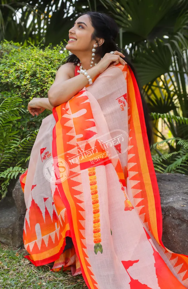 Gratifying_Multi_Color_Ayodhya_Ram_Mandir_Printed_Linen_Cotton_Saree_With_Comely_Blouse_Piece