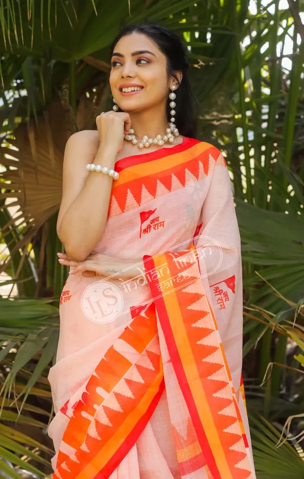 Gratifying_Multi_Color_Ayodhya_Ram_Mandir_Printed_Linen_Cotton_Saree_With_Comely_Blouse_Piece