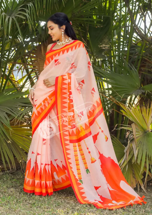 Gratifying_Multi_Color_Ayodhya_Ram_Mandir_Printed_Linen_Cotton_Saree_With_Comely_Blouse_Piece